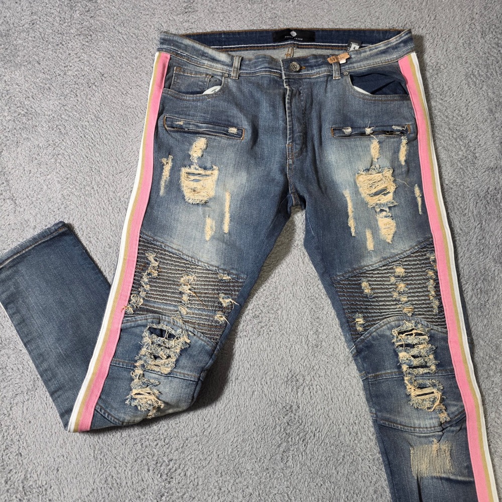 Focus Jeans Mens 38x32 Biker Denim Blue Distressed Pink Side Stripe Moto Slim